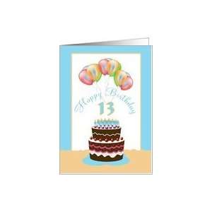  13th Happy Birthday Cake Lit Candles and Balloons Card 