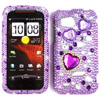 PURPLE HEARTS DIAMOND 3D BLING CRYSTAL FACEPLATE CASE COVER HTC VIGOR 