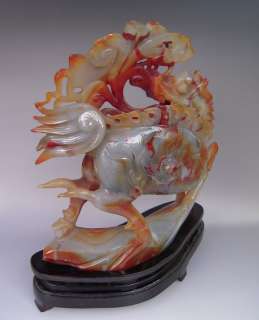 Chinese Red Carnelian Agate Carved Kylin Chi Lin Statue  