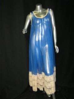 Vintage  Royal Blue Peignoir Nightgown 12 Lace Trim Hem Sheer 