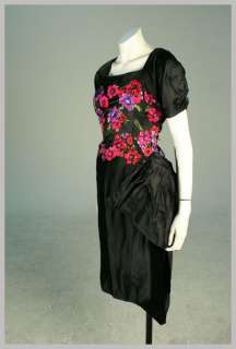 VTG 40s Black Silk Satin Cocktail Dress w Waterfall Hip & Pink Velvet 