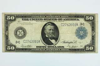 1914 Fifty Dollar $50 Bill Federal Reserve Note Blue Seal Philadelphia 
