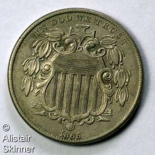 1866 With Rays Shield Nickel AU  