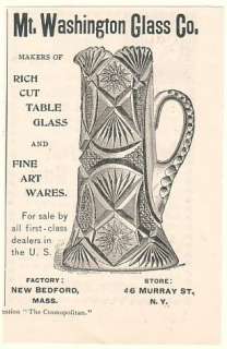 1894 Mt Washington Glass Co Cut Glass Pitcher Print Ad  