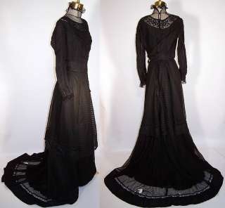   Black Silk Weave Pleated Mourning Gown Dress Bodice Skirt Train  