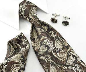 Jacquard Handmade Woven silk Mens Tie Floral Necktie set Cufflinks 
