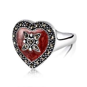  Marcasite and Red Enamel Heart Ring Jewelry