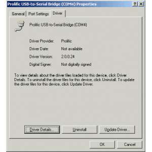 As of Feb 2006, the Prolific driver version is 2.0.0.24.