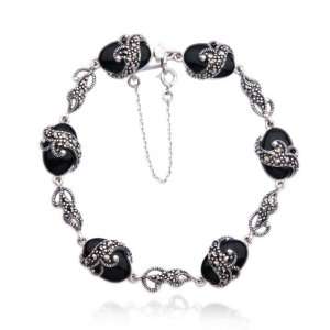   Sterling Silver Marcasite and Onyx Oval Link Bracelet, 7.5 Jewelry