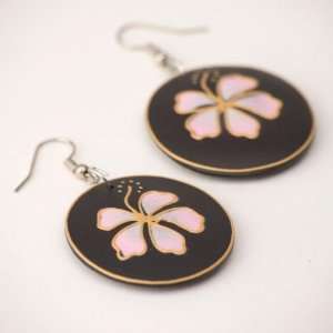  Black 35 mm pink flower earrings wood wooden pair Jewelry
