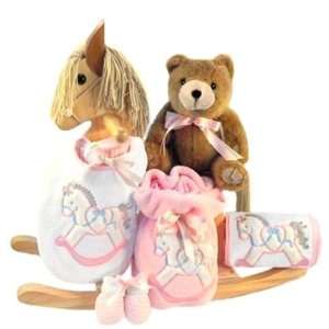  Wooden Rocking Horse Gift Set in Pink for New Baby Girls 