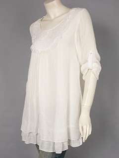 Off White Long Sleeve Crochet Scoop Neck Tunic Top L  