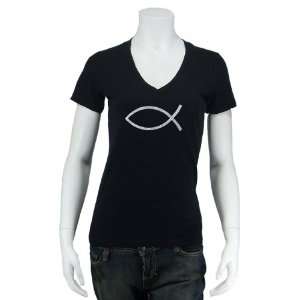 Womens Black Fish V Neck Shirt Large   Created using all the names of 