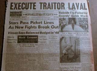 1945 newspaper WW II French traitor PIERRE LAVAL EXECUTED by Allies 