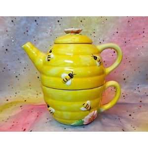   Teapot&Matching Cup,Bees&Flowers,PeggyJo Ackley 