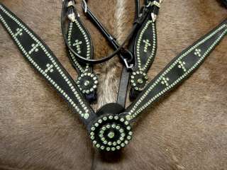 SET BRIDLE BREAST COLLAR WESTERN BLACK LEATHER HEADSTALL LIME GREEN 