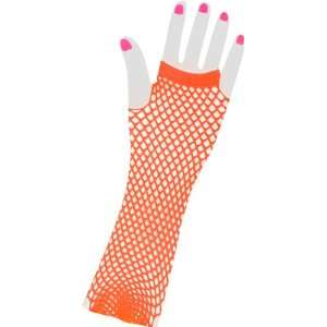  Womens Long 80s Style Orange Neon Fishnet Gloves