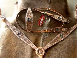 BRIDLE BREAST COLLAR WESTERN LEATHER HEADSTALL TACK CROSS CRYSTALS SET 
