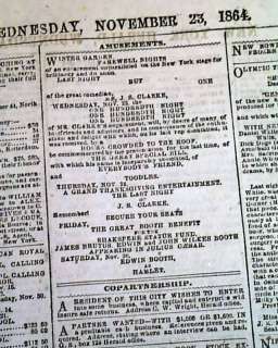 JOHN WILKES BOOTH Pre Murder Theater Ad 1864 Newspaper  