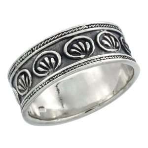 Sterling Silver Floral Pattern Ring Band w/ Rope Edge Design, 5/16 in 