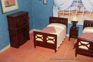 RENWAL Vintage Dollhouse Furniture LOVELY 9 PC. TWIN BEDROOM SET 3/4 