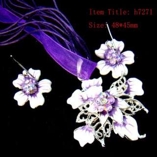 H7271 Wedding Women Purple Flower Gemstone Necklace Earring Set 