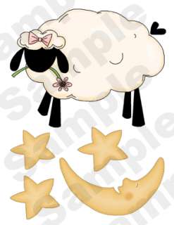 The sheep is 7.75 x 5.75. The moon is 7.5 x 4. The largest star is 2 