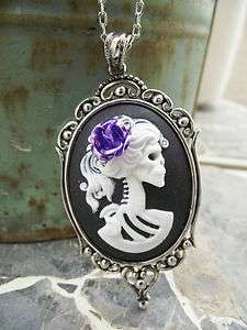   Day of the Dead Horror Zombie White Black Cameo Purple Rose Necklace