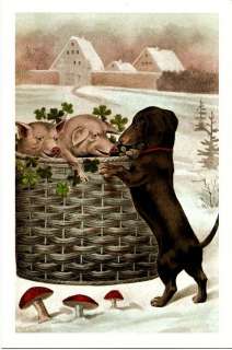 Pigs in Basket Dachshund & Mushroom Repro Pig Postcard  