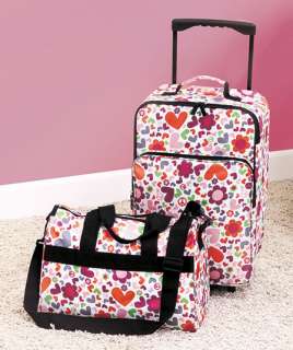 2PC LUGGAGE ROLLING SUITCASE TOTE BAG NEW GIRL HEART FLOWER SLEEPOVER 