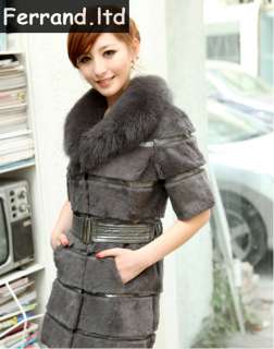 New Real Genuine Rabbit Fur Coat/Jacket/Vest with Fox Collar Women 