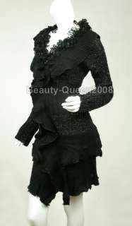 RUFFLE Cardigan LONG Sweater Jacket Black Dress 8 10 12  