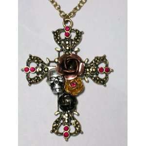  PUNK Gothic Goth Glam Cross Skull & Roses Necklace Pendant 