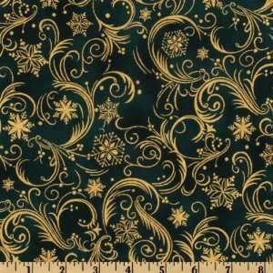   Wide Merry And Bright Flourish Hunter Green/Gold Fabric By The Yard