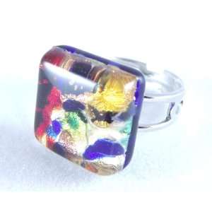   Color Gold Small Square Venetian Murano Glass Adjustable Ring Jewelry
