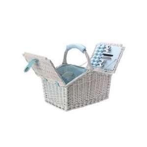  VINTAGE WHITE WICKER PICNIC BASKET   4 PERSON   GINGHAM 