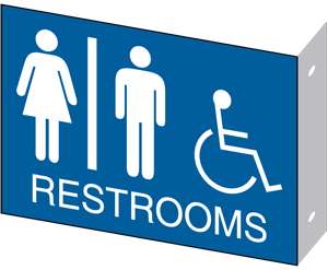 2D projection restrooms wall mount white on blue restroom sign.