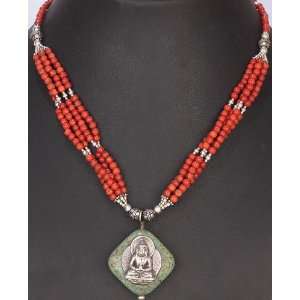 Amitabha Buddha Necklace with Coral and Turquoise   Sterling Silver