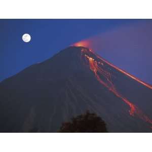 Siau Volcano Erupting with Moon Behind, N Sulawesi, Indonesia Premium 