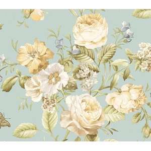 Cabbage Rose Bouquet Yellow/Teal Wallpaper by Warner in Quintessential 