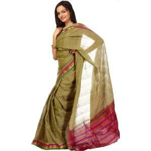   Green Handwoven Gadwal Sari with Zari and Striped Anchal   Pure Cotton