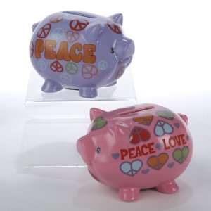   of 6 Pink and Purple Peace and Love Piggy Banks 3.5