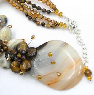 Crazy Lace Agate Tiger Eye Crystal Glass Beads Flower Necklace 17 