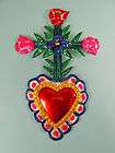 Mexican Tin Milagro Sacred Heart Ex Voto Flower Cross