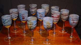 SET OF 13 STEVEN MASLACH VOLCANO ART GLASS WINE GOBLETS  