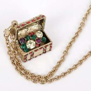  Antique Golden Open Treasure Chest Crystal Chain Pendant 