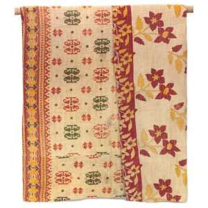  Kantha Quilted Recycled Sari Throw   Red & Yellow Floral 