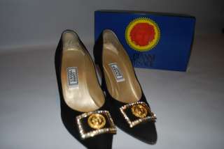 Gianni Versace 38 1/2M   Black Suede Pumps with Versace LOGO  