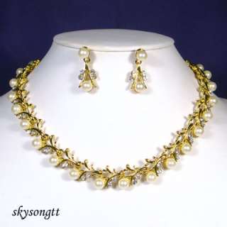 Bridal Crystal Pearl Gold Necklace Earrings Set S1526Y  