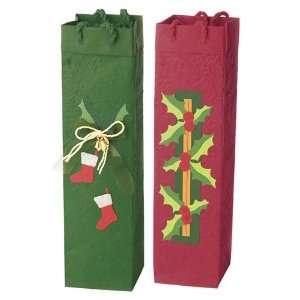  Red & Green Holly Leaves Mulberry Paper Wine Bags w/ Rope 